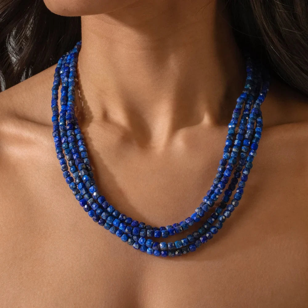 lapis 4mm cube gemstone necklace worn on model