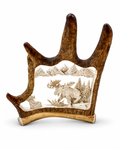 Cow Moose & Calf hand-carved moose antler sculpture on white background