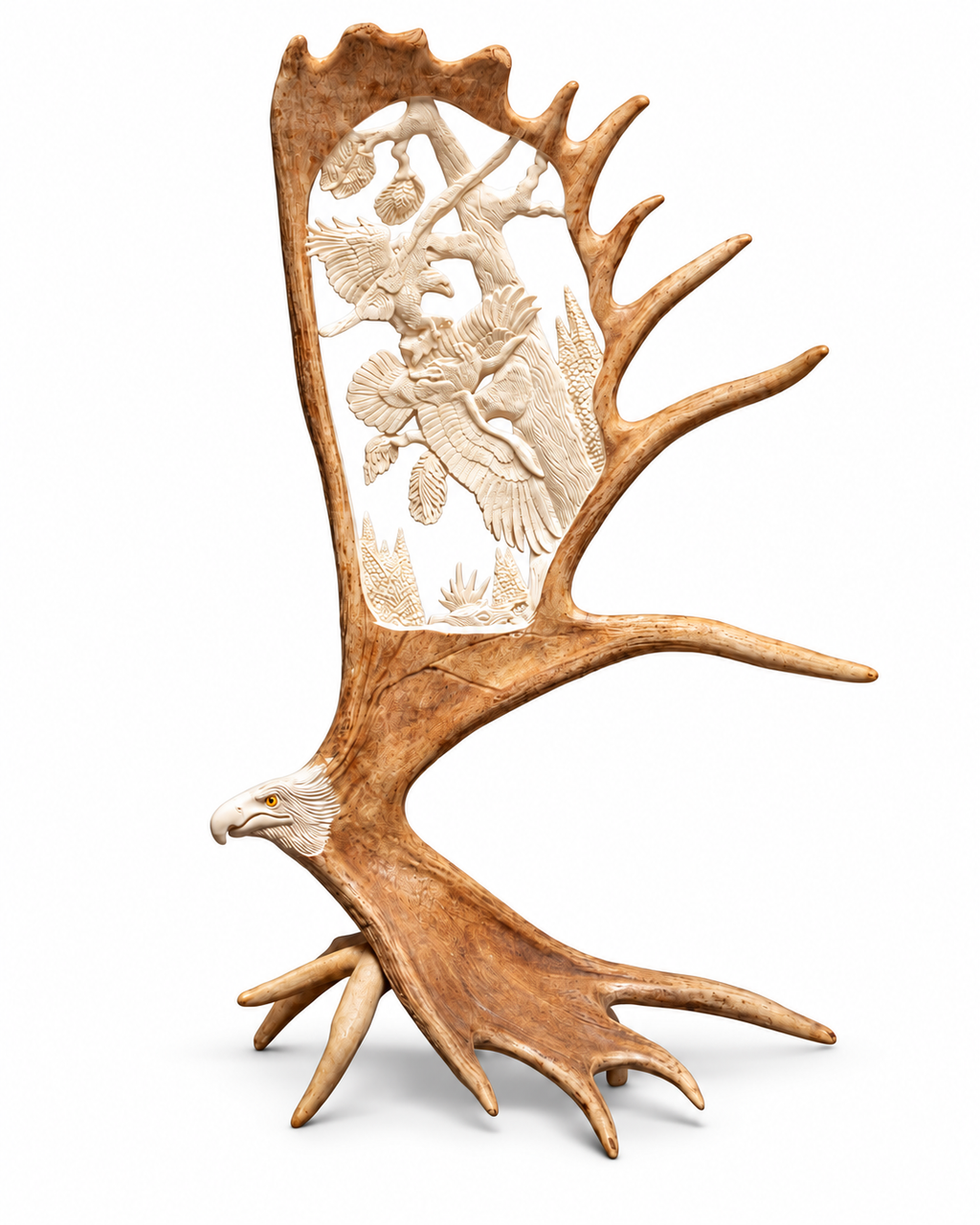 Fighting Eagles over Fish — Extra-Large Moose Antler Carving