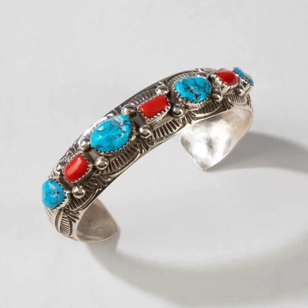 Grace Silver Kingman Turquoise and Coral Navajo sterling silver cuff