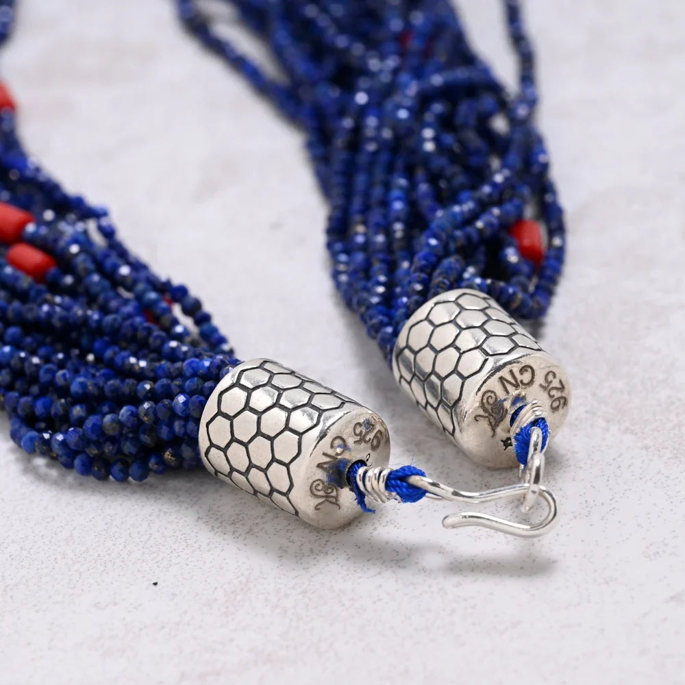 lapis 2mm multi-strand necklace sterling silver clasp detail