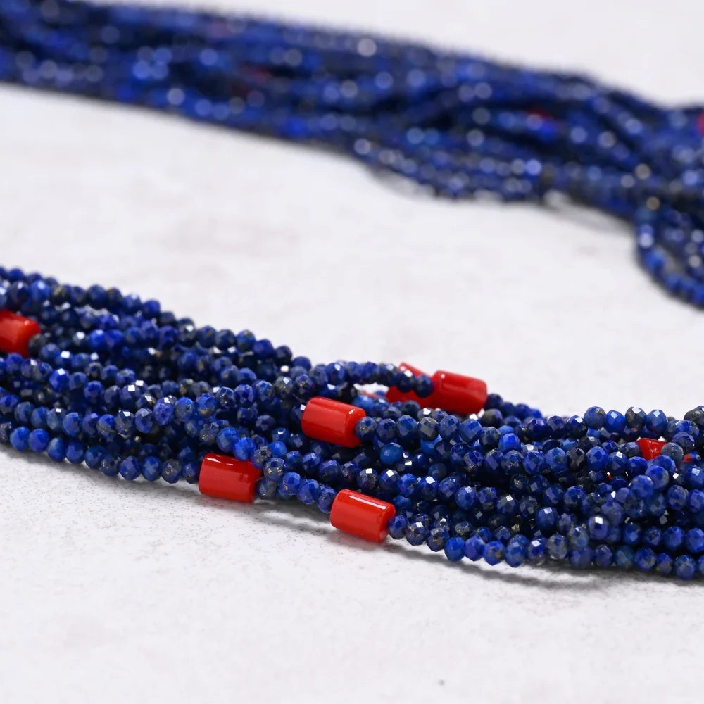 lapis 2mm necklace with red coral accents detail