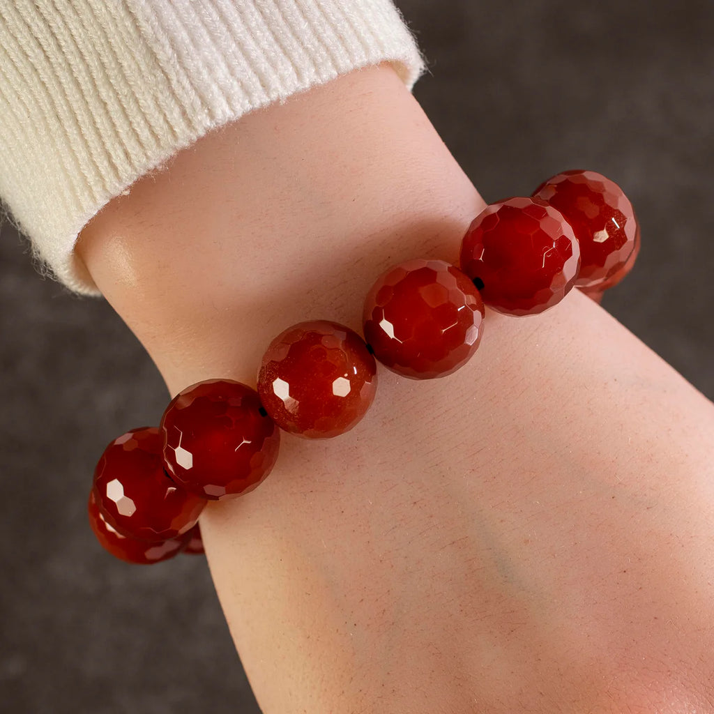 Faceted Carnelian 16mm Gemstone Bead Elastic Bracelet