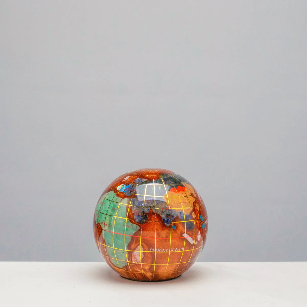 3" Gemstone Globe Paperweight with Copper Amber Opalite Ocean