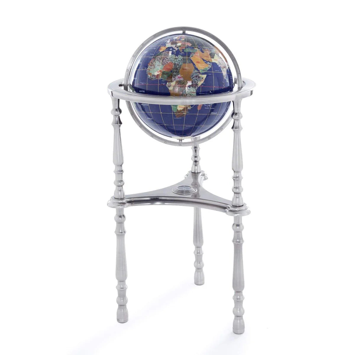 37" Tall Gemstone Globe with 13'" Lapis Ocean on Ambassador Antique Silver 3-Leg High Stand