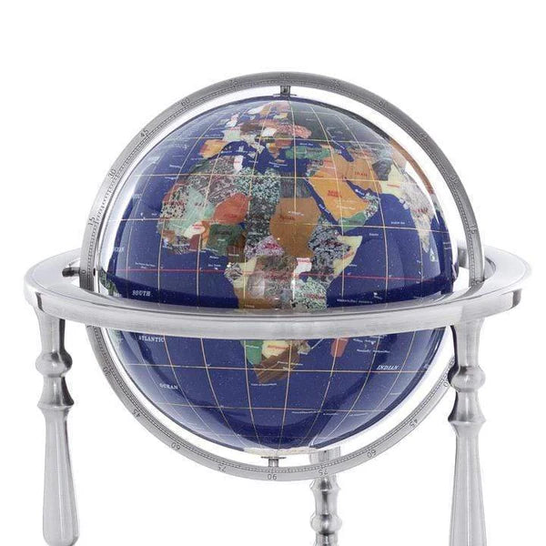 37" Tall Gemstone Globe with 13'" Lapis Ocean on Ambassador Antique Silver 3-Leg High Stand