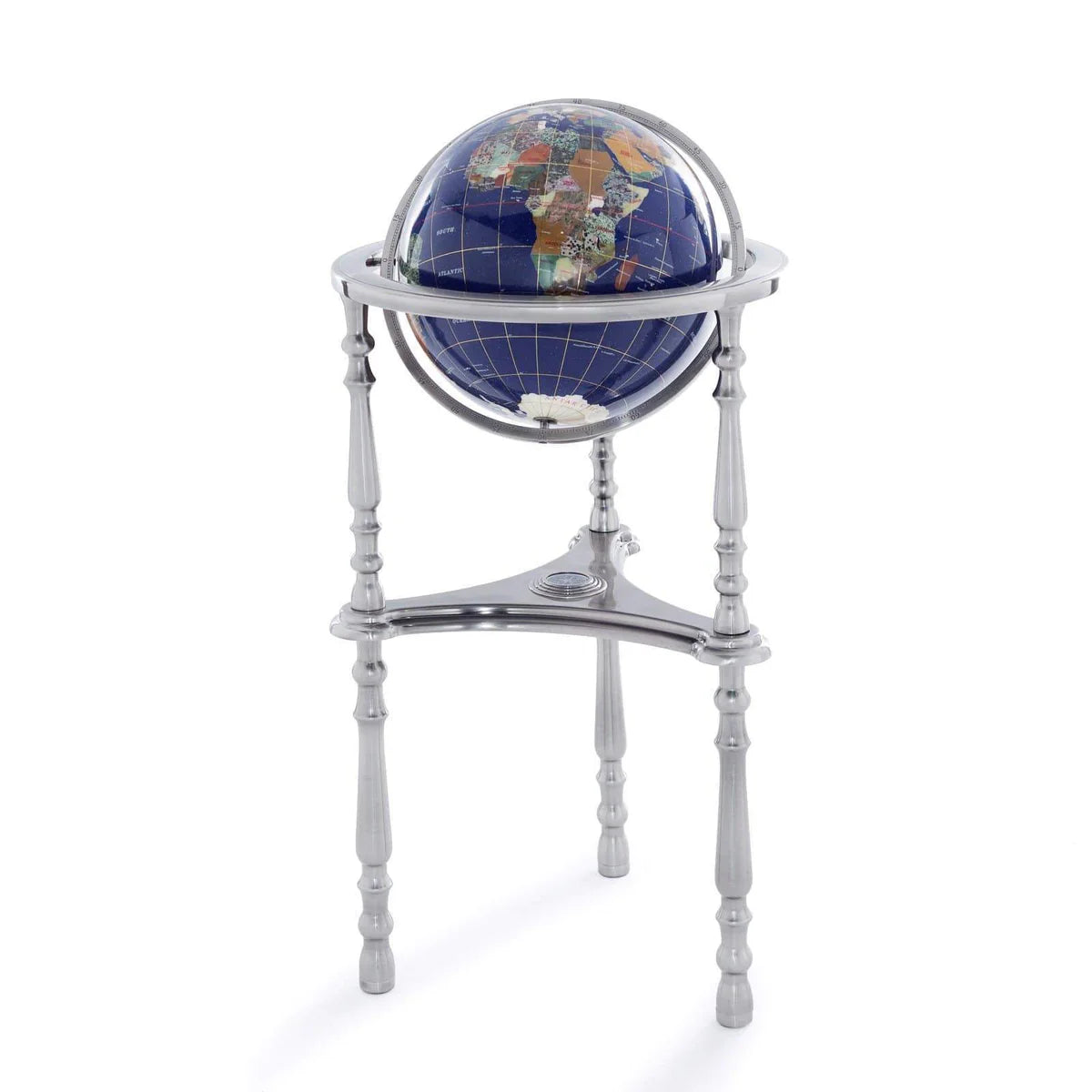 37" Tall Gemstone Globe with 13'" Lapis Ocean on Ambassador Antique Silver 3-Leg High Stand
