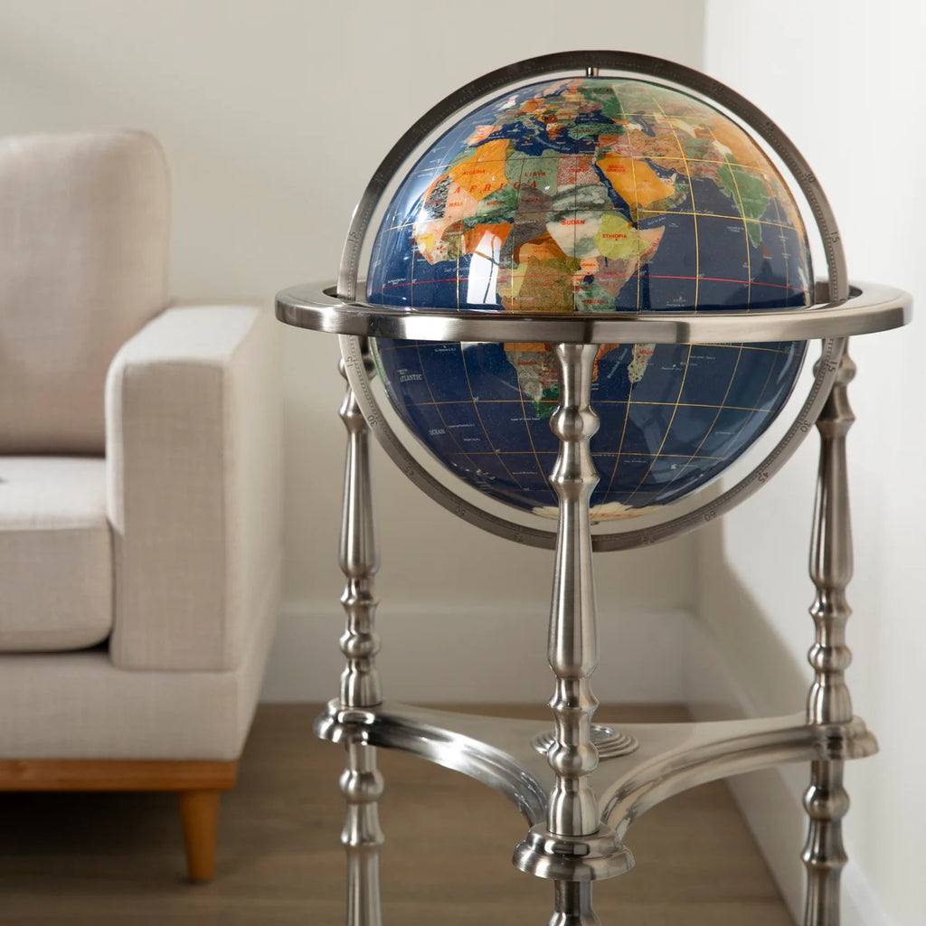37" Tall Gemstone Globe with 13'" Lapis Ocean on Ambassador Antique Silver 3-Leg High Stand