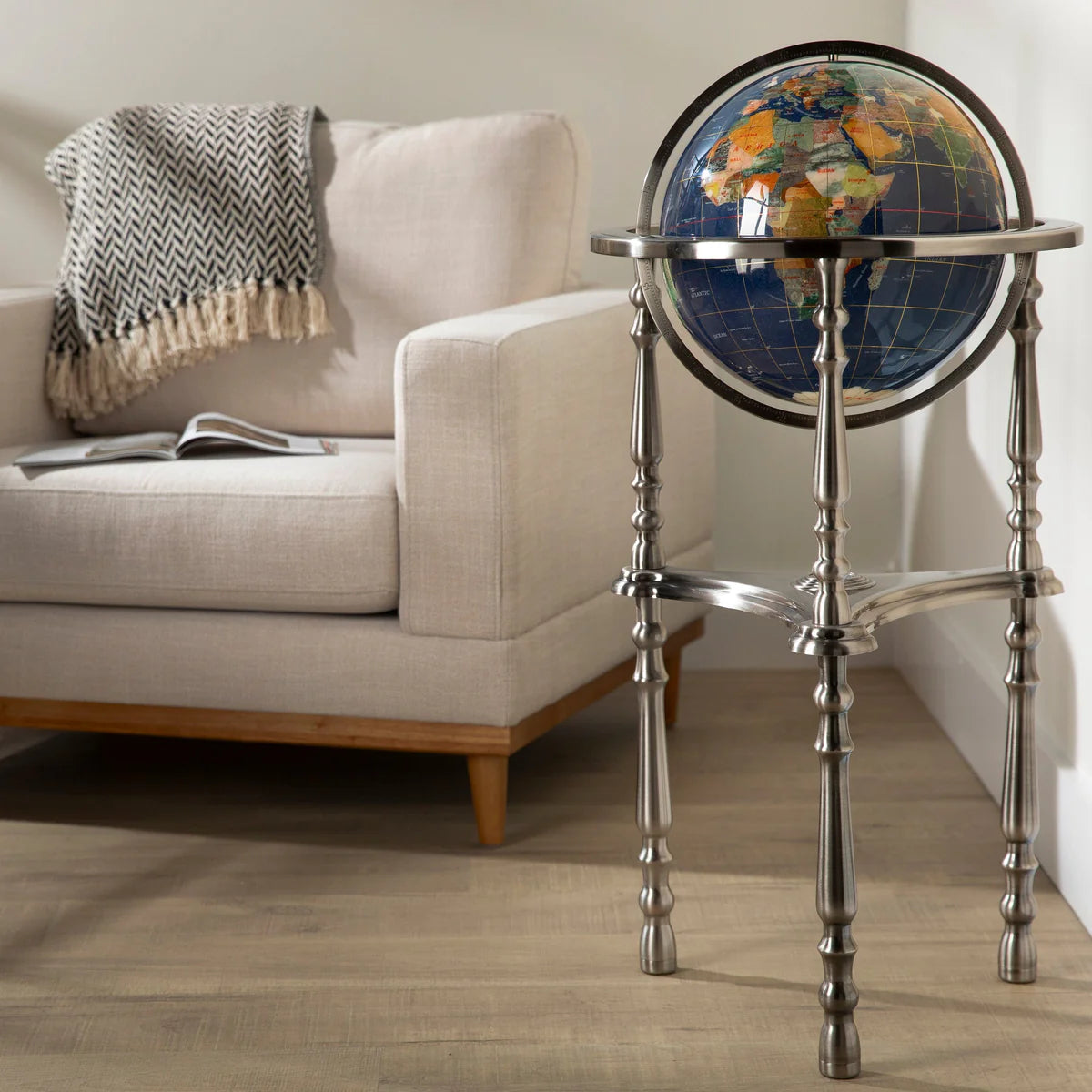 37" Tall Gemstone Globe with 13'" Lapis Ocean on Ambassador Antique Silver 3-Leg High Stand