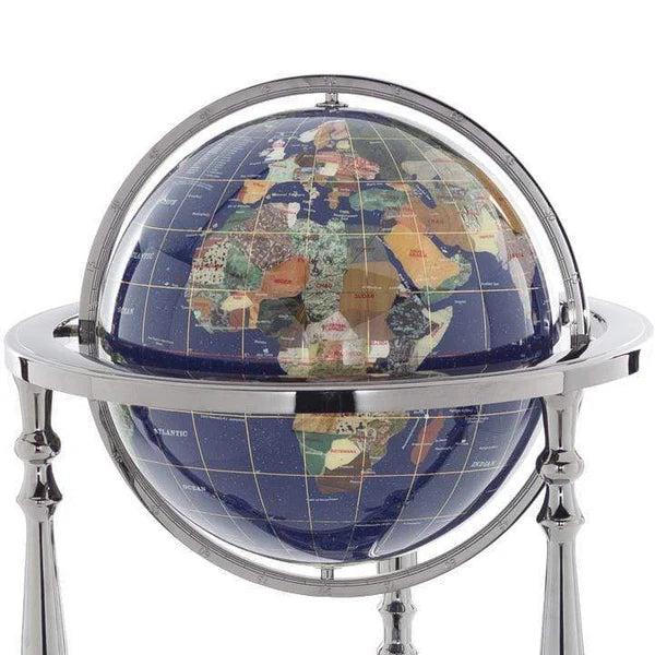 37" Tall Gemstone Globe with Lapis Ocean on Ambassador Gun Metal 3-Leg High Stand