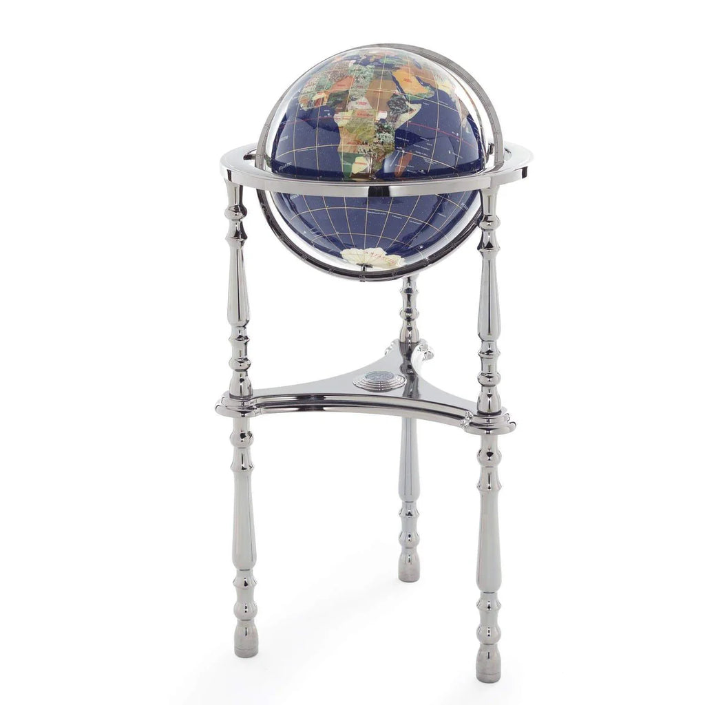 37" Tall Gemstone Globe with Lapis Ocean on Ambassador Gun Metal 3-Leg High Stand