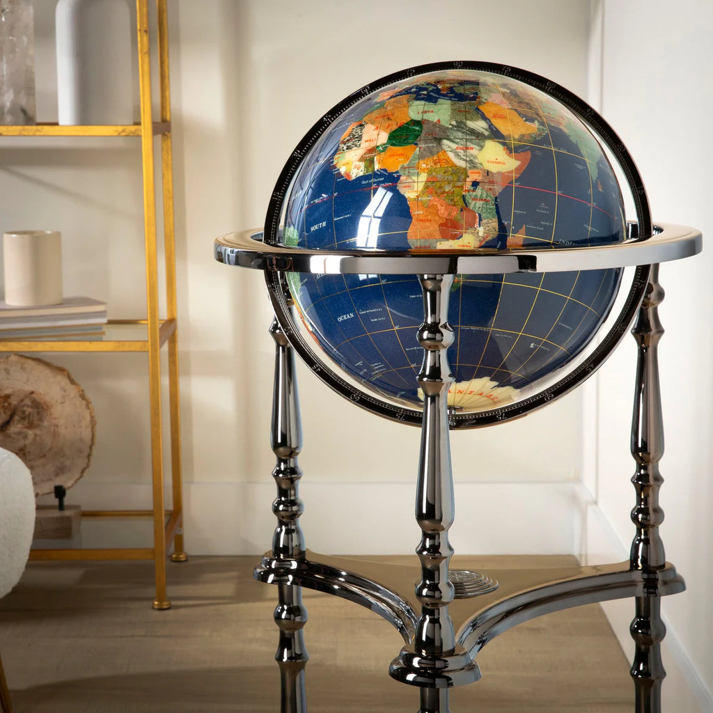 37" Tall Gemstone Globe with Lapis Ocean on Ambassador Gun Metal 3-Leg High Stand