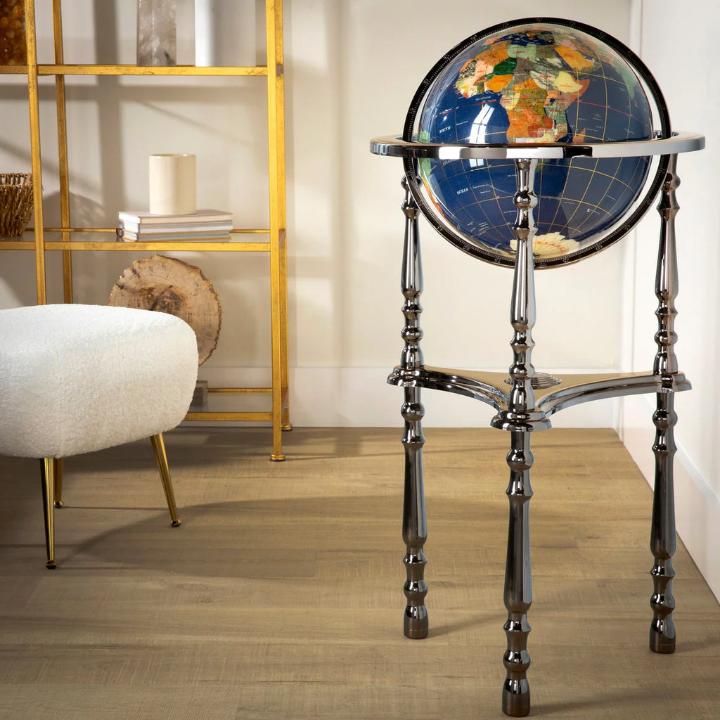 37" Tall Gemstone Globe with Lapis Ocean on Ambassador Gun Metal 3-Leg High Stand