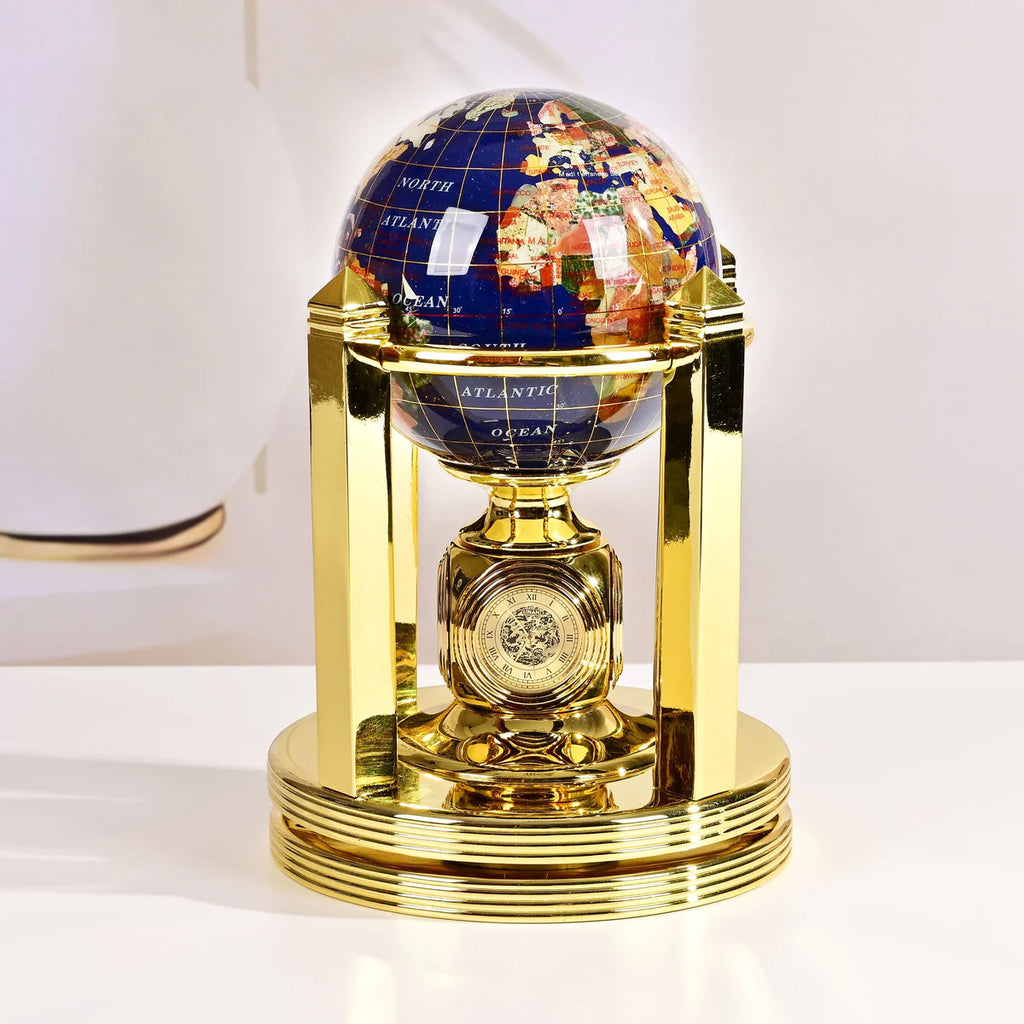8.5" Tall Gemstone Globe with 4" Lapis Ocean on 24k Gold Plated Bi-directional rotating Stand