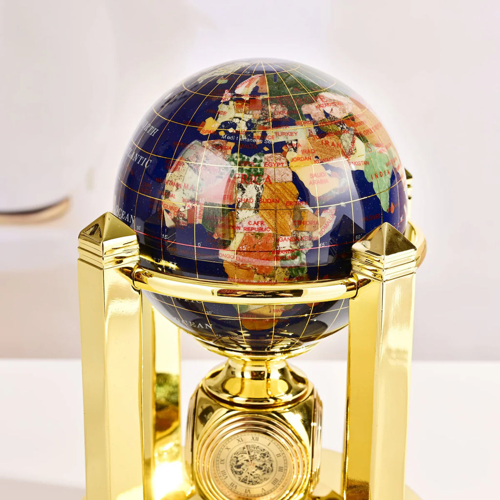 8.5" Tall Gemstone Globe with 4" Lapis Ocean on 24k Gold Plated Bi-directional rotating Stand