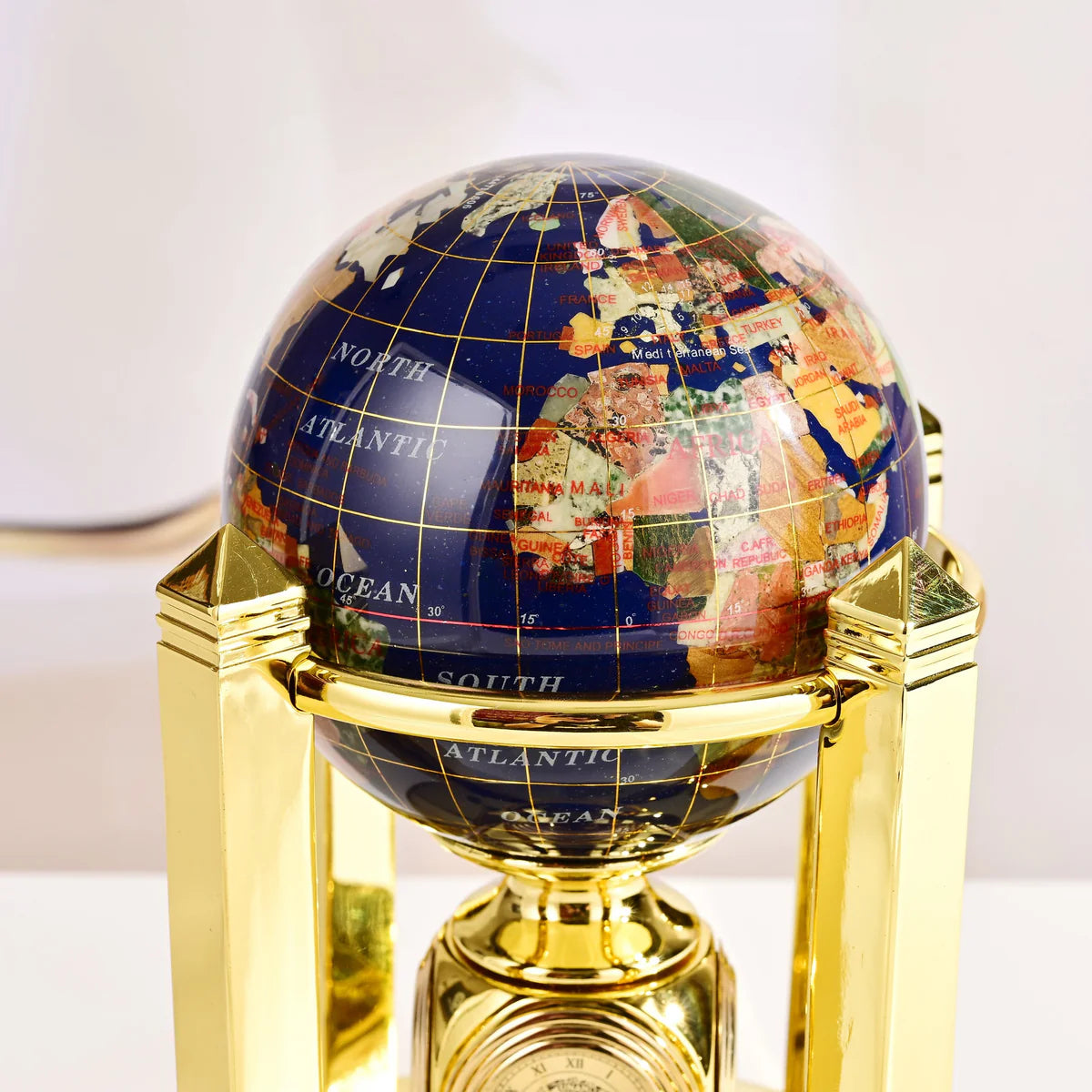 8.5" Tall Gemstone Globe with 4" Lapis Ocean on 24k Gold Plated Bi-directional rotating Stand