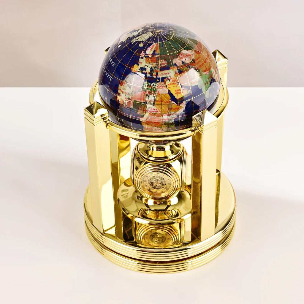 8.5" Tall Gemstone Globe with 4" Lapis Ocean on 24k Gold Plated Bi-directional rotating Stand