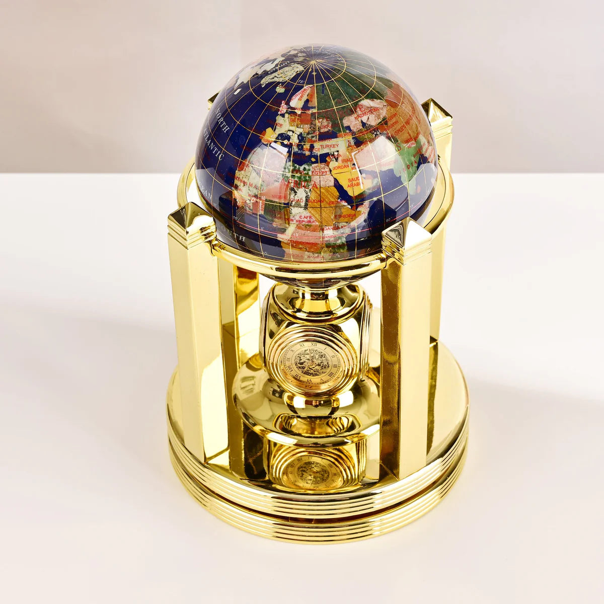 8.5" Tall Gemstone Globe with 4" Lapis Ocean on 24k Gold Plated Bi-directional rotating Stand
