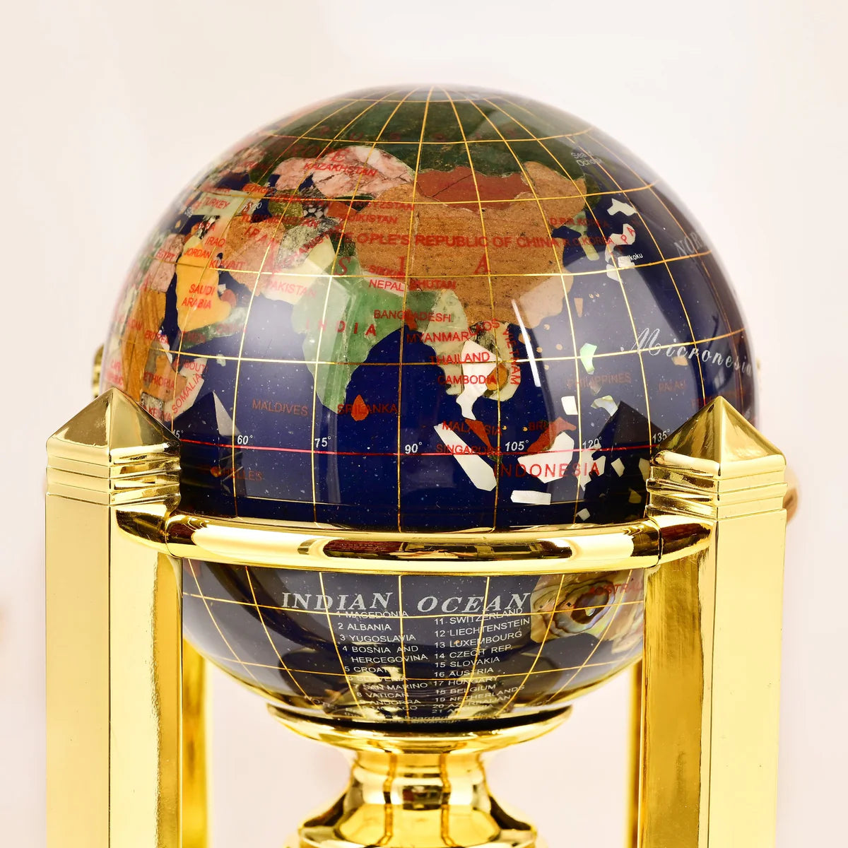 8.5" Tall Gemstone Globe with 4" Lapis Ocean on 24k Gold Plated Bi-directional rotating Stand