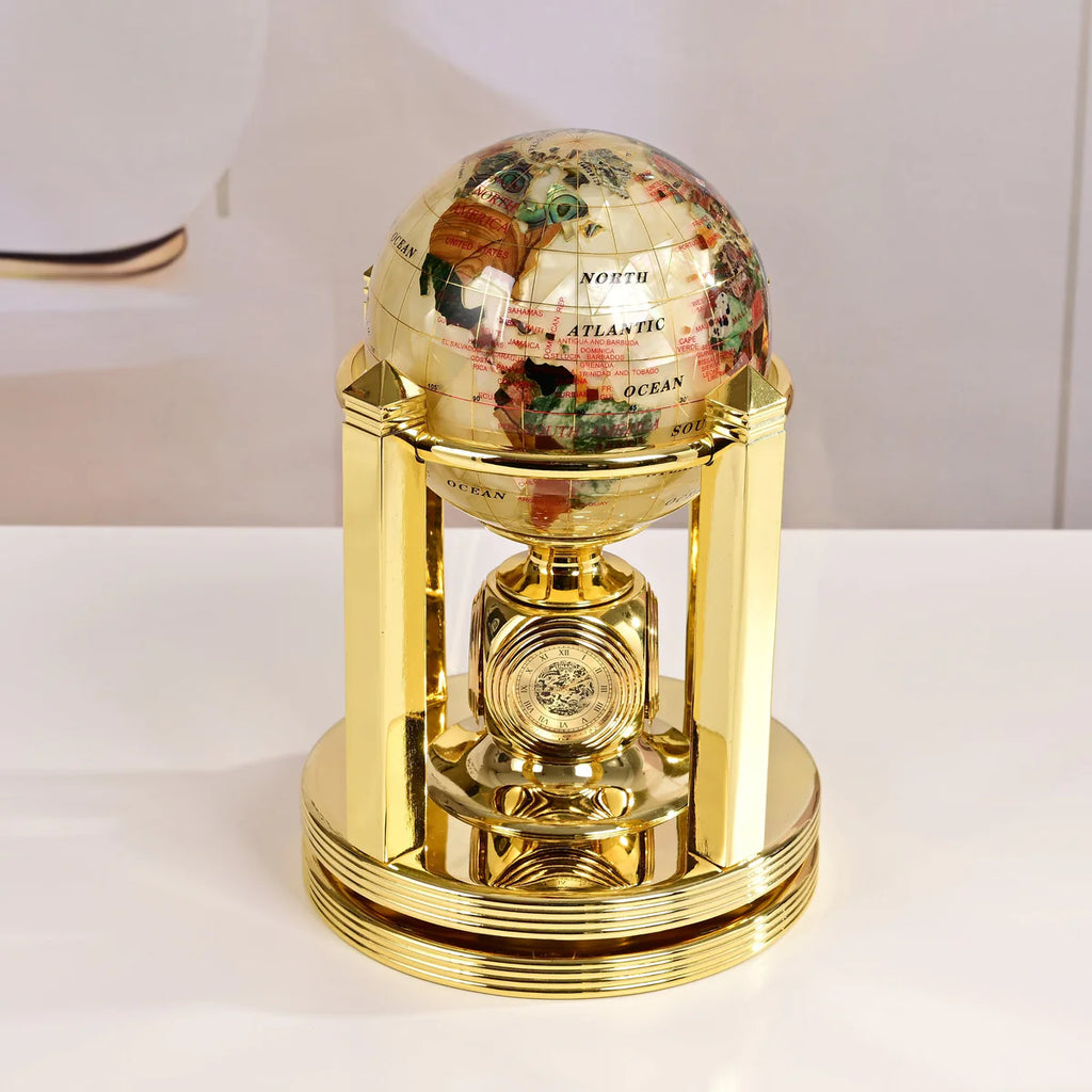 8.5" Tall Gemstone Globe with 4" Mother of Pearl Diamond Cut Ocean on 24k Gold Plated Bi-directional rotating Stand