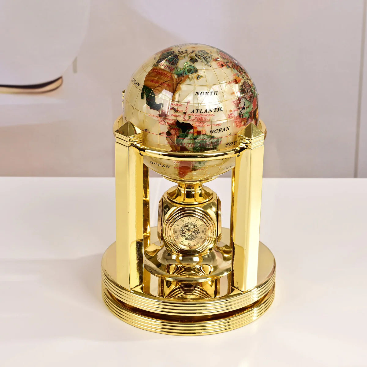 8.5" Tall Gemstone Globe with 4" Mother of Pearl Diamond Cut Ocean on 24k Gold Plated Bi-directional rotating Stand