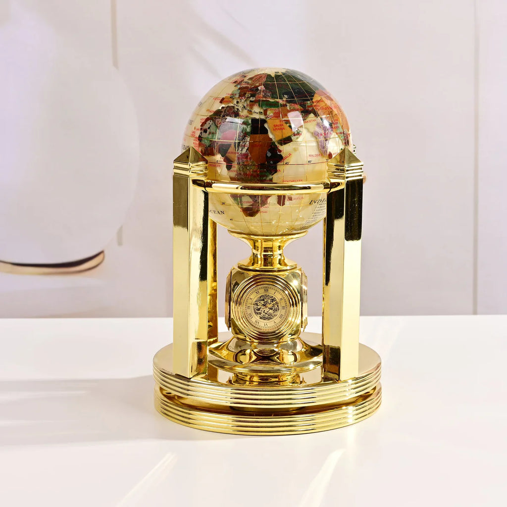 8.5" Tall Gemstone Globe with 4" Mother of Pearl Diamond Cut Ocean on 24k Gold Plated Bi-directional rotating Stand