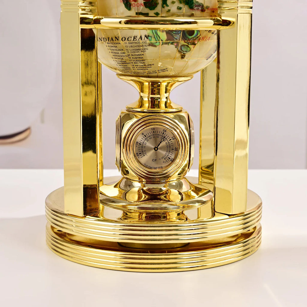 8.5" Tall Gemstone Globe with 4" Mother of Pearl Diamond Cut Ocean on 24k Gold Plated Bi-directional rotating Stand