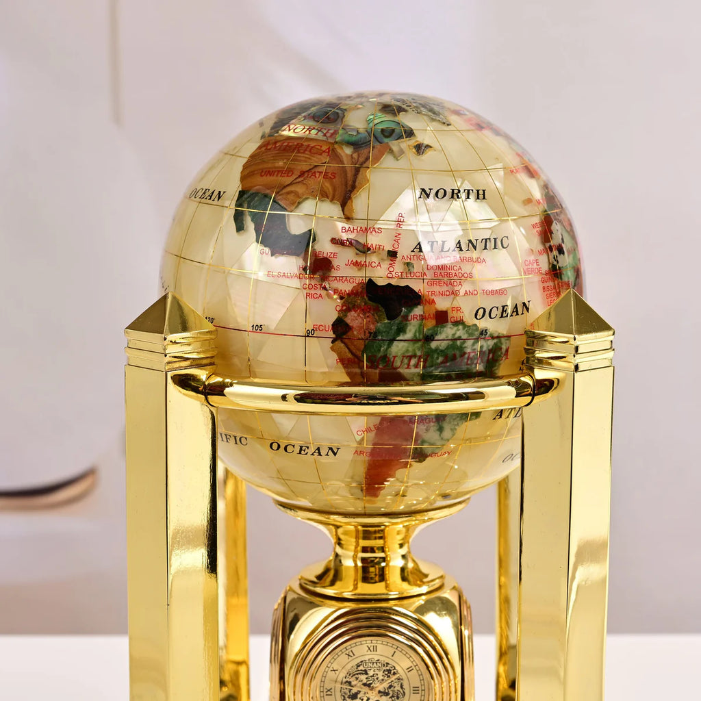 8.5" Tall Gemstone Globe with 4" Mother of Pearl Diamond Cut Ocean on 24k Gold Plated Bi-directional rotating Stand