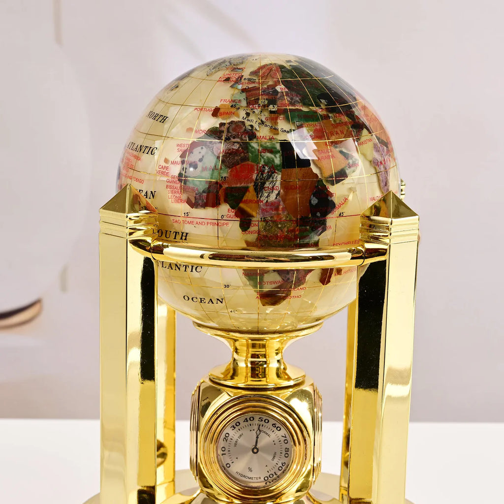 8.5" Tall Gemstone Globe with 4" Mother of Pearl Diamond Cut Ocean on 24k Gold Plated Bi-directional rotating Stand