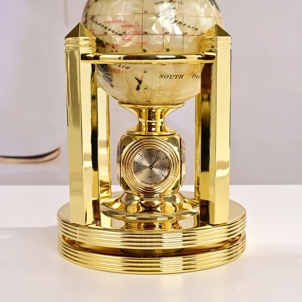 8.5" Tall Gemstone Globe with 4" Mother of Pearl Diamond Cut Ocean on 24k Gold Plated Bi-directional rotating Stand