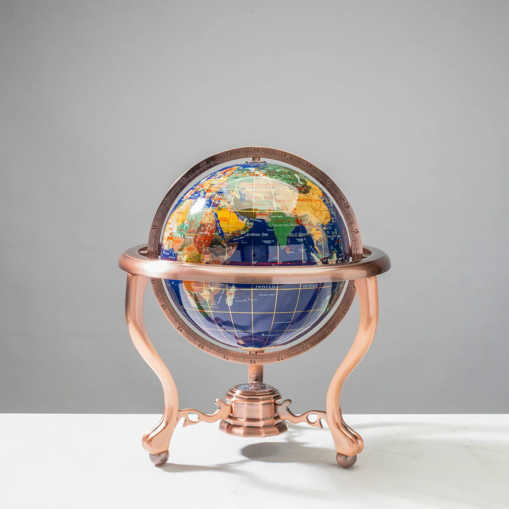 14" Tall Gemstone Globe with 9” Lapis Ocean on Copper Stand