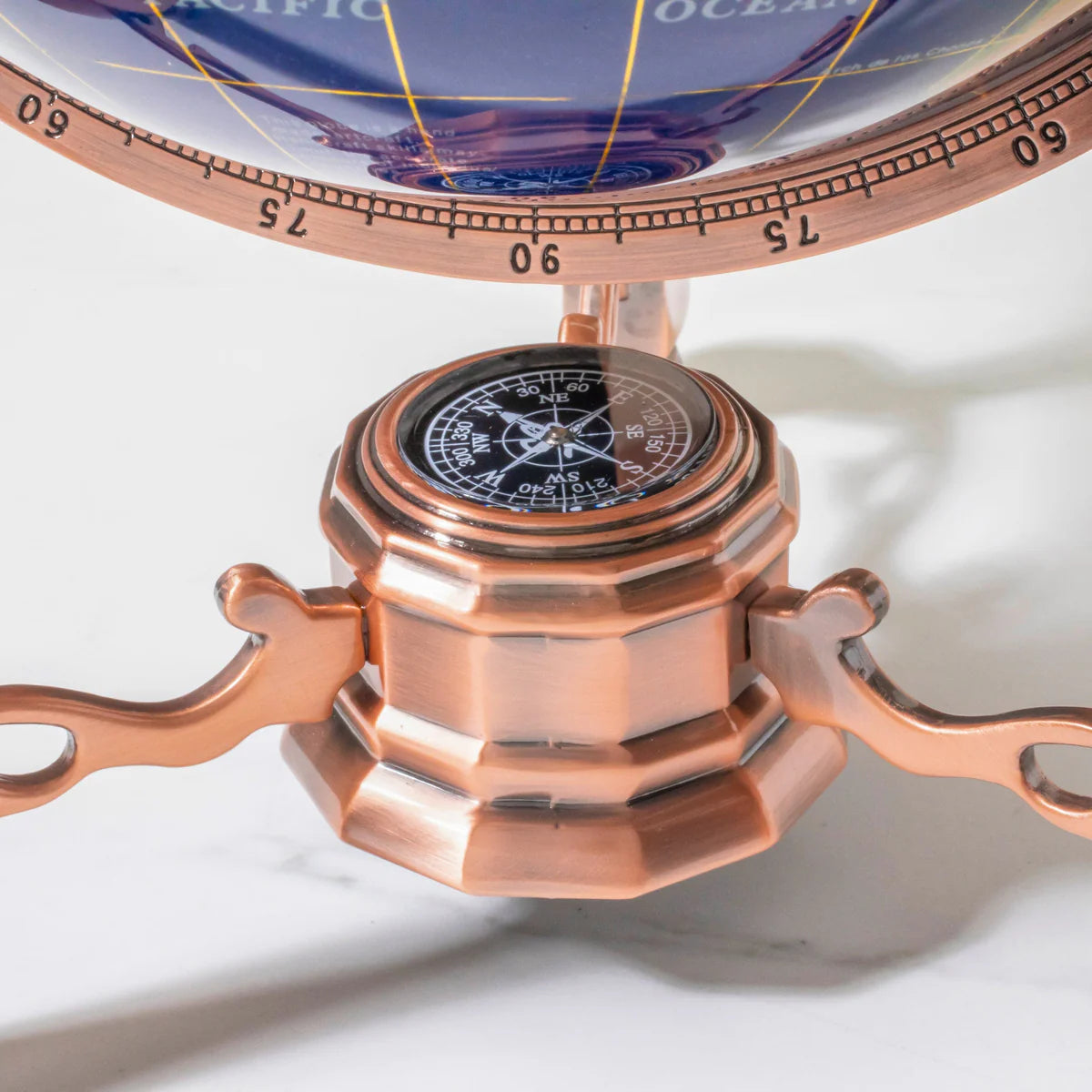 14" Tall Gemstone Globe with 9” Lapis Ocean on Copper Stand