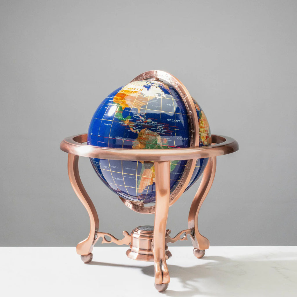 14" Tall Gemstone Globe with 9” Lapis Ocean on Copper Stand