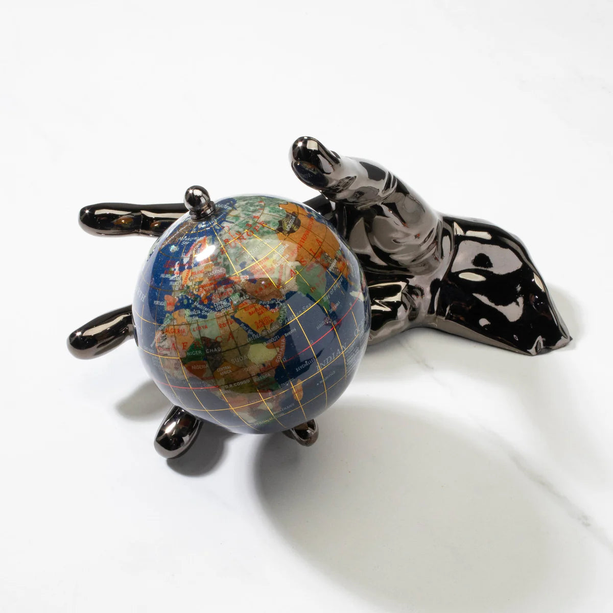 World In Your Hand - Gemstone Globe with Lapis Ocean Embraced with Gun Metal Base