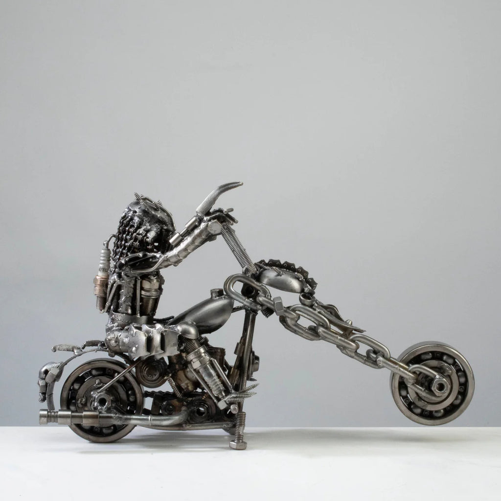 14" Predator riding Motorcycle Inspired Recycled Metal Sculpture