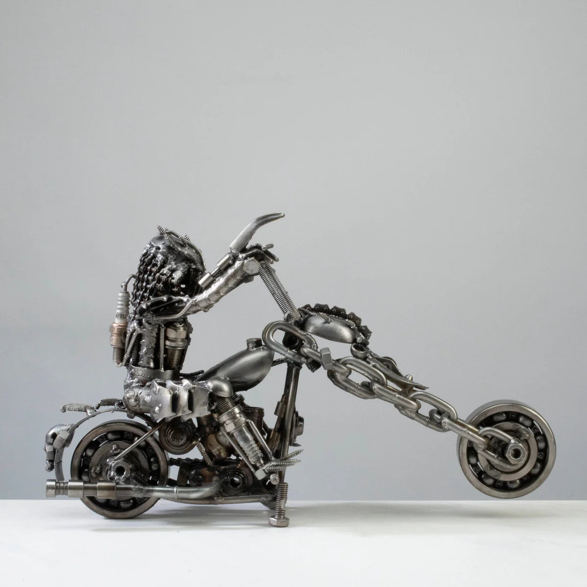14" Predator riding Motorcycle Inspired Recycled Metal Sculpture
