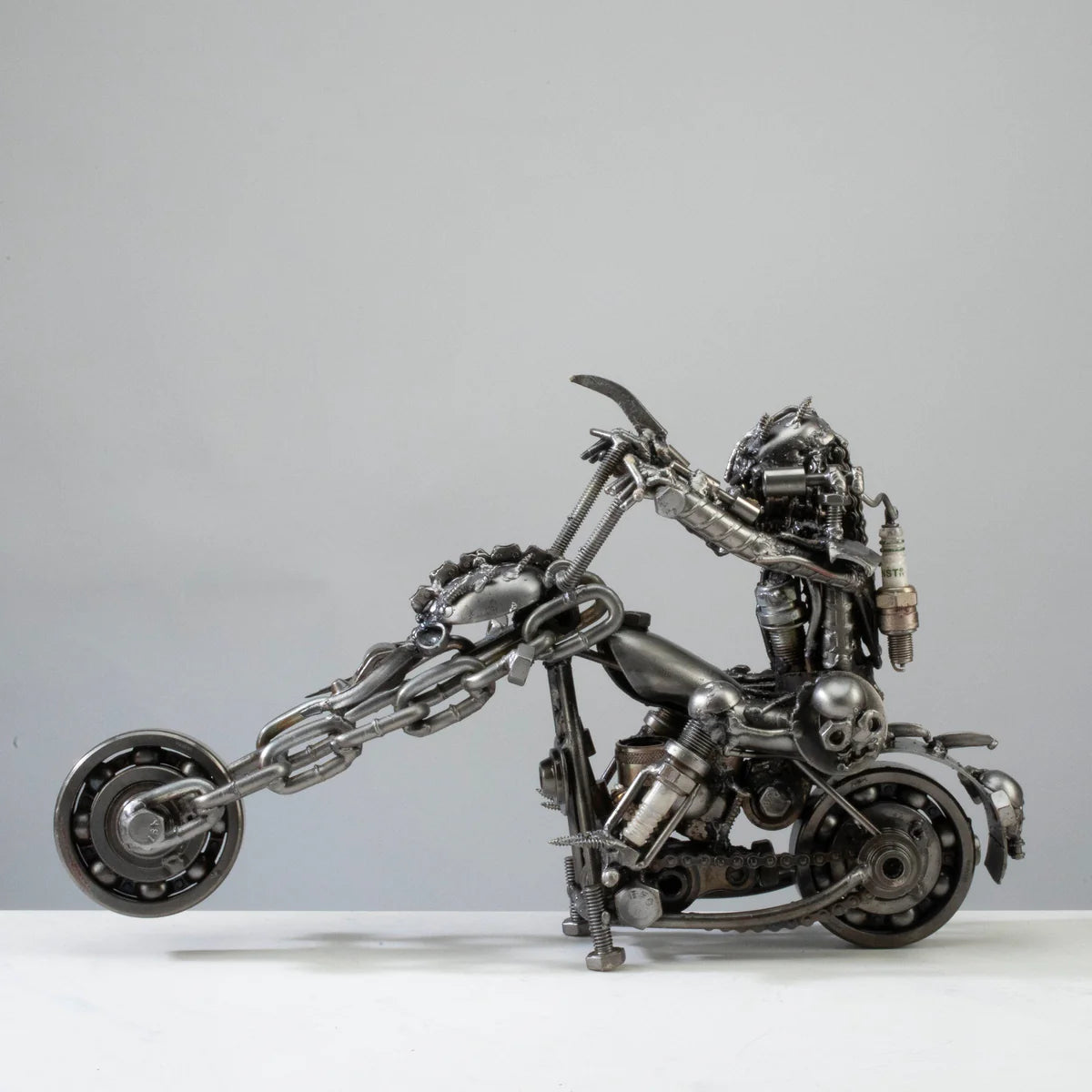 14" Predator riding Motorcycle Inspired Recycled Metal Sculpture
