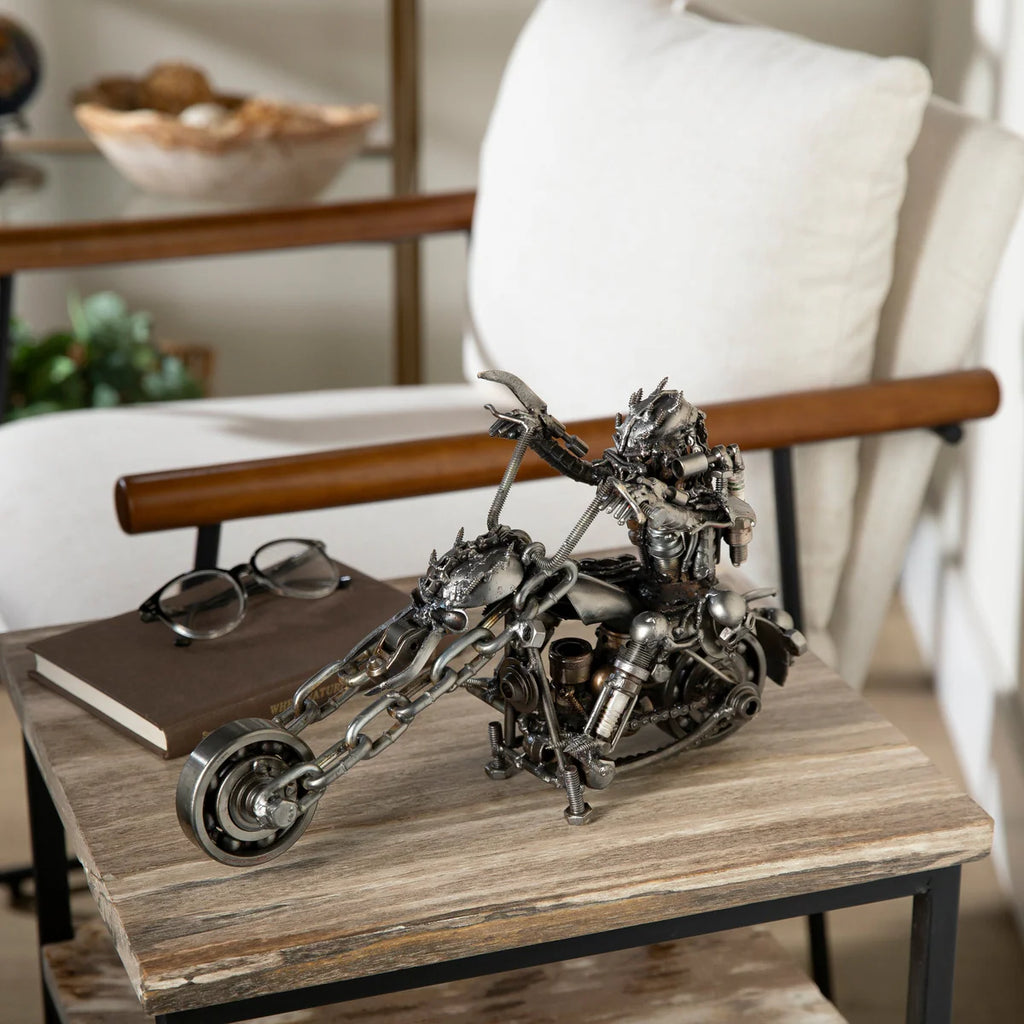 14" Predator riding Motorcycle Inspired Recycled Metal Sculpture