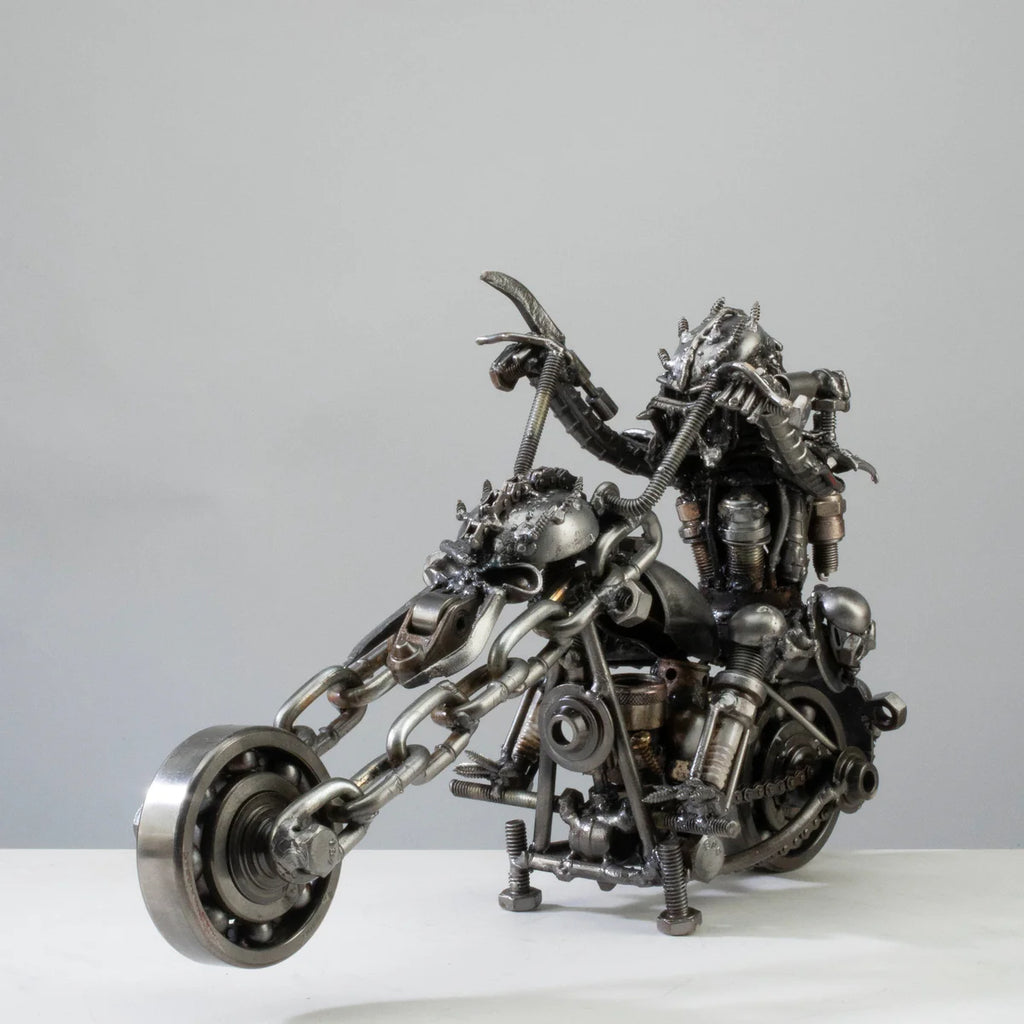 14" Predator riding Motorcycle Inspired Recycled Metal Sculpture