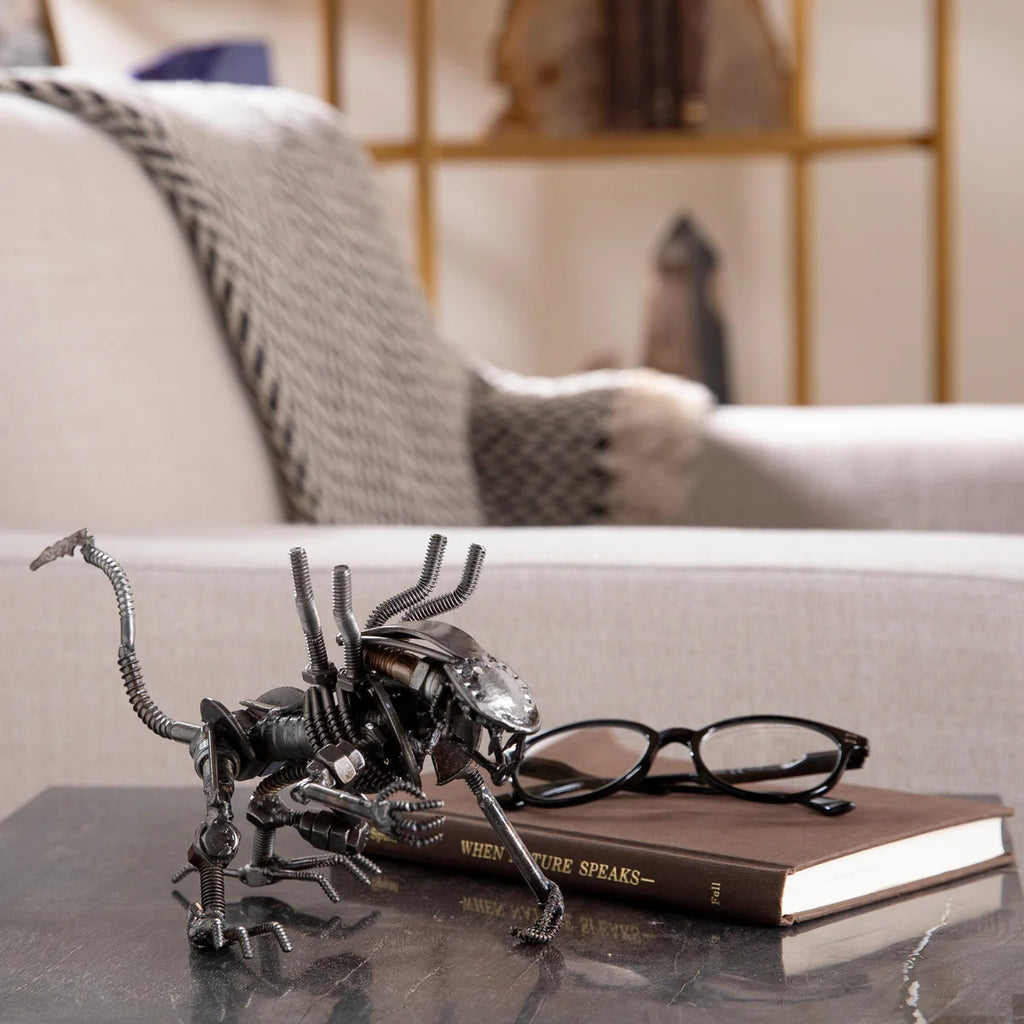 Alien Crouched Inspired Recycled Metal Sculpture