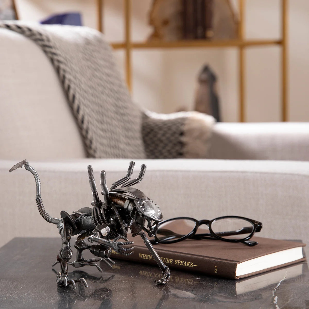 Alien Crouched Inspired Recycled Metal Sculpture