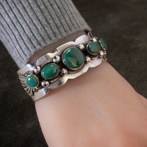 Leon Martinez Royston Turquoise Navajo sterling silver cuff worn on wrist
