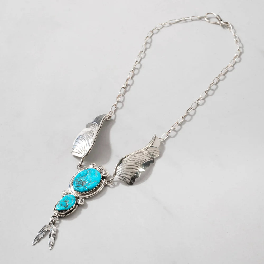 Margie Chee Kingman turquoise wings Navajo sterling silver necklace full view