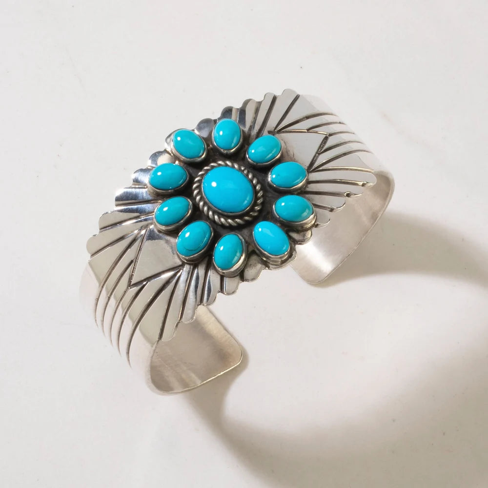 Richard Long Sr. Sleeping Beauty turquoise flower Navajo sterling silver cuff
