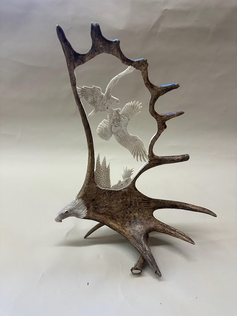 Fighting Eagles over Fish hand-carved moose antler sculpture